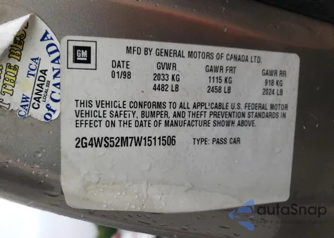 1998 Buick Century Custom из США, поврежденный, VIN 2G4WS52M7W1511506